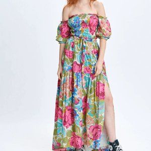 Love the Label Amelia Off-The-Shoulder Smocked Dress Midge Print colorful maxi